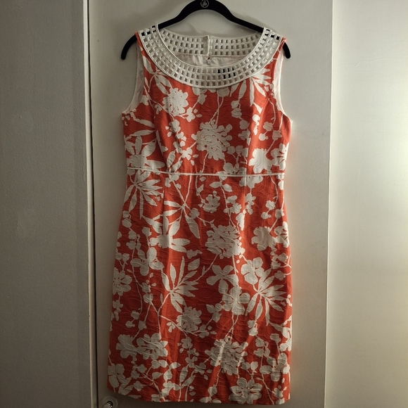 Tahari Arthur S Levine Floral Coral and White Sheath Midi Dress - Picture 1 of 8
